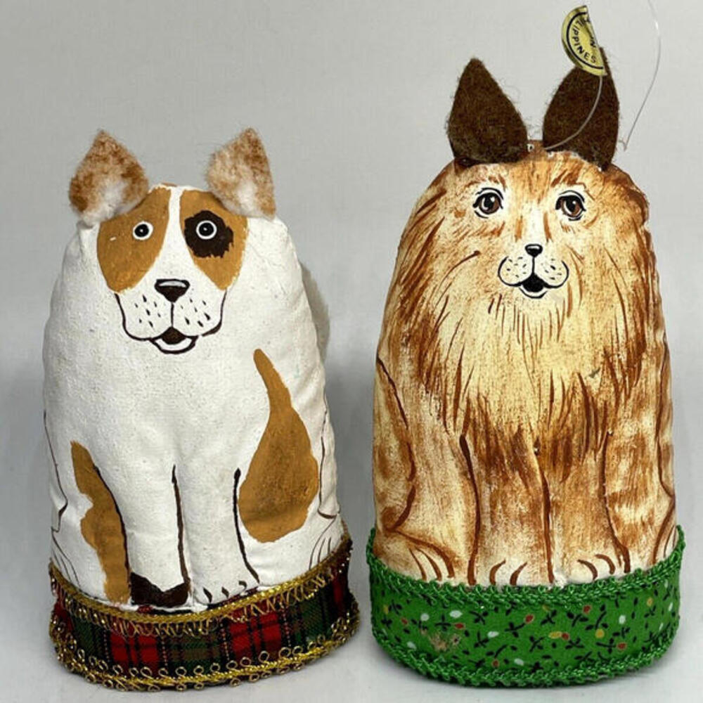 Dogs‎ Hand Painted Fabric Christmas Ornaments Set of 2 Vintage